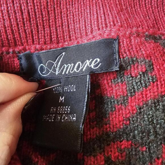 Amore Wool Sweater Dress Red Black Floral Button Down w Two Front Pockets Med - Picture 4 of 5